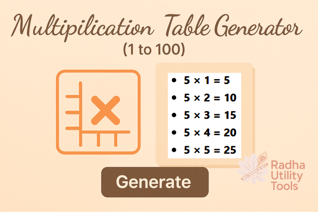 Multiplication Table Generator (1 to 100)  Radha Utility Tools